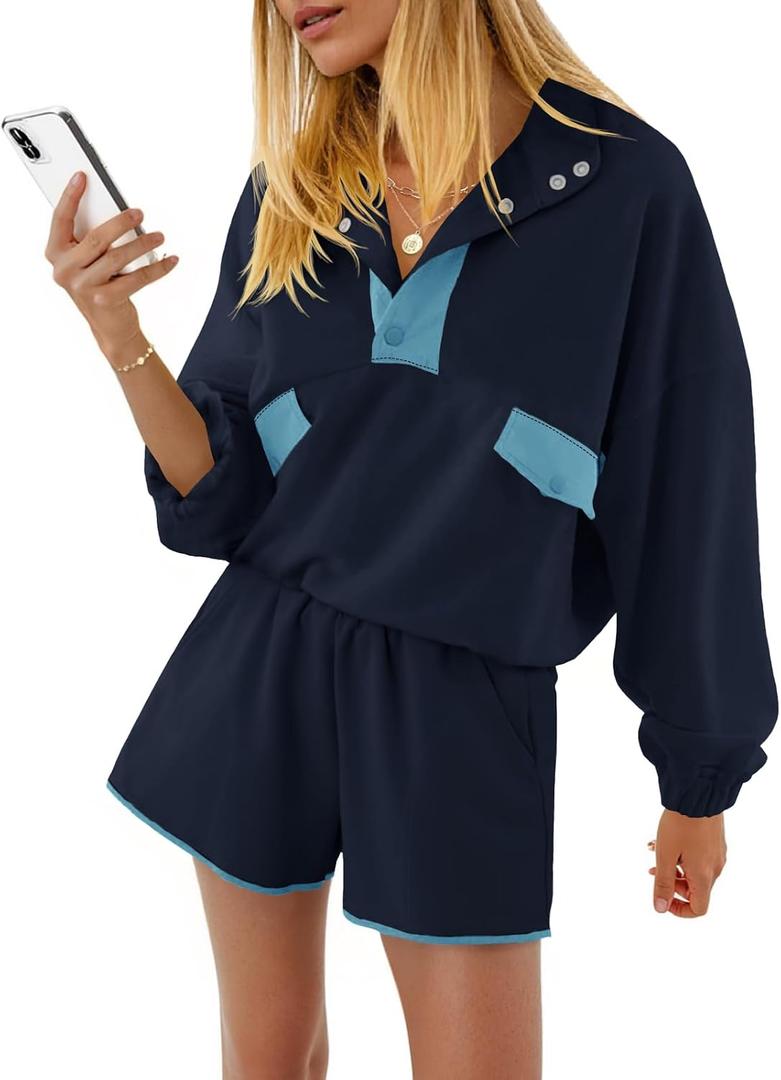Fisoew Womens 2 Piece Sets Sweatsuits Casual Half Button Color Block Sweatshirts Running Shorts Tracksuits Fall Outfits (M)