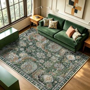 Washable Area Rugs - Perfect for Living Room, Bedroom, Kids Room, Nursery - Stain & Water Resistant Non-Slip, Pet & Child Friendly, Vintage Tribal Area Rugs (Green, 6' x 9')