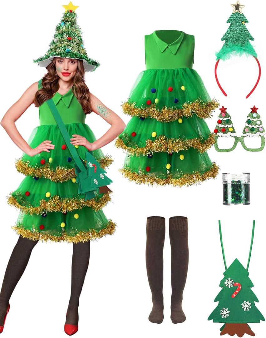 Berlune 7 Pcs Christmas Tree Costume for Women Dress Hat Headband Bag Glasses Frame Socks and Sequins Christmas Outfits (Large)