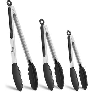 HOTEC Premium Stainless Steel Locking Kitchen Tongs with Silicon Tips, Heat Resistant Cooking Tongs Set of 3-7", 9" and 12" (Black)