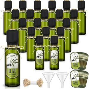 20 Pcs 4 oz Mini Glass Olive Oil Bottles Empty Sauce Condiment Bottles with Dropper Inserts and Sticker Seals Caps for Gifts Kitchen (Circle,Dark Green)