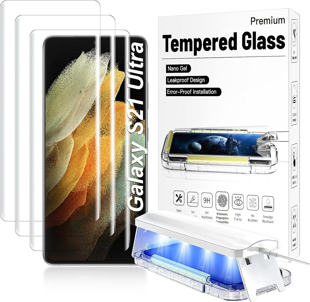 3 PackAuto Alignment S21 Ultra Glass Screen Protector 3D Curved Tempered Glass Shield Support Fingerprint Unlocking, Scratch & Impact Protection, Full HD Clear & Smooth Touch (transparent)