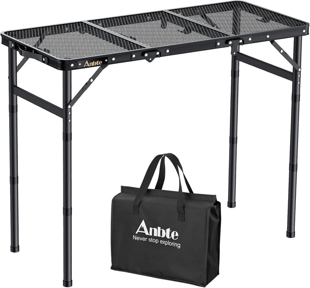 Anbte Folding Grill Table, 3ft Tri-Fold Aluminum Folding Table Adjustable Height Max 27.5" Grill Table with Mesh Desktop, Lightweight, Portable Handle for Outdoor Cooking BBQ Picnic (Black)