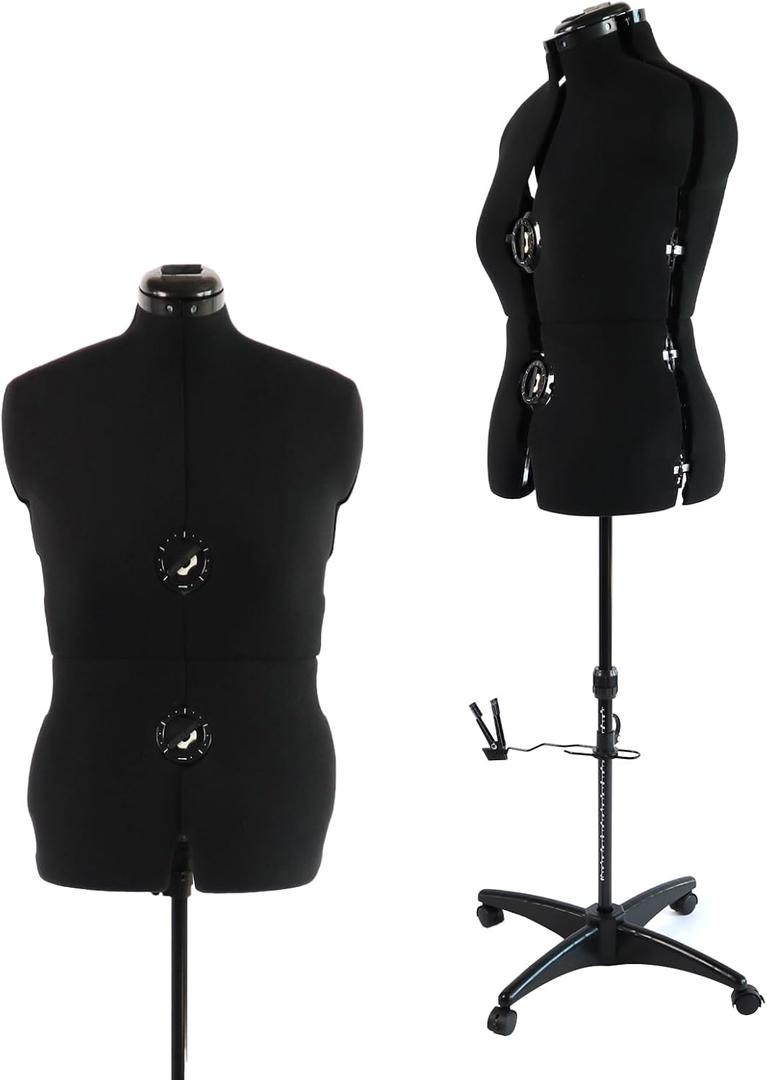 Black Dress Form Adjustable Mannequin for Sewing, Female Size 12-18 Pinnable Body Form with 13 Dials & Detachable Casters, 42.5"-60" Height Range for Clothing Display, Medium to Large