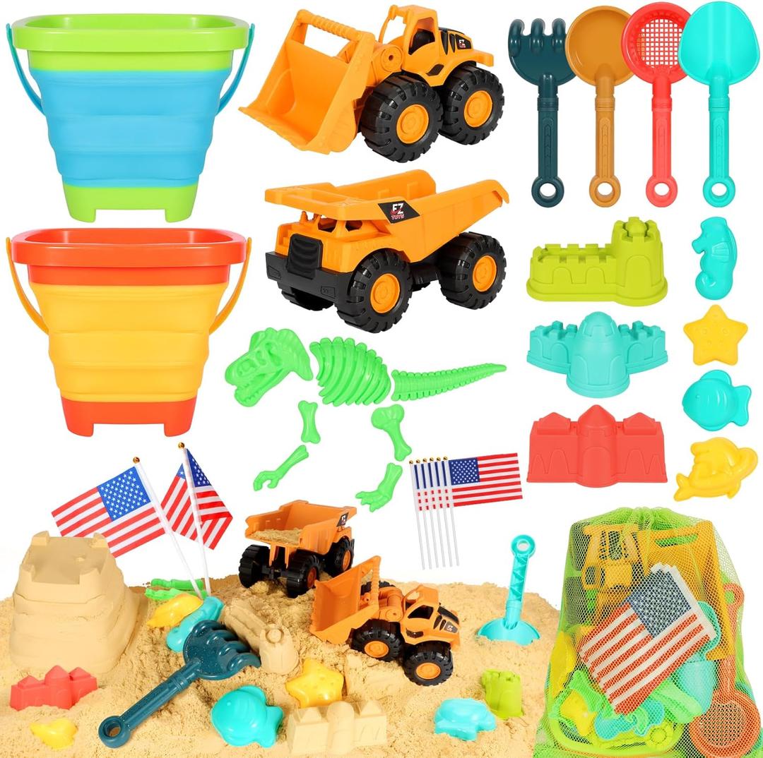 HUITEM Beach Sand Toys for Kids, 29PCS Sandbox Toys with 2 Collapsible Bucket Sand, 2 Dump Truck, Dinosaur Molds, Castle Building Kit, Shovel Sieve,Flags,Mesh Bag Travel Beach Toys for Toddler 3-10