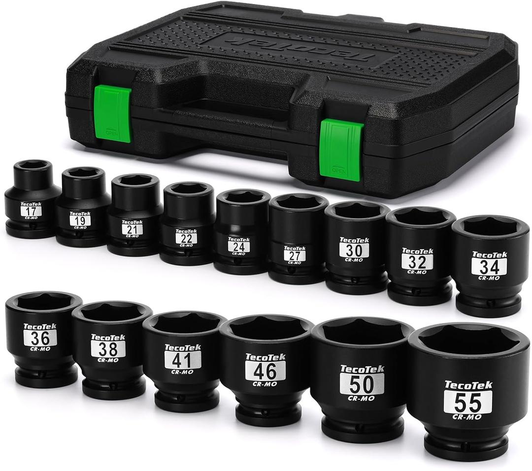 3/4" Drive Shallow 6-Point Impact Socket Set, 15-Piece Heavy Duty Impact Socket Set, CR-MO, Metric (17mm to 55mm), Enhanced Storage Case
