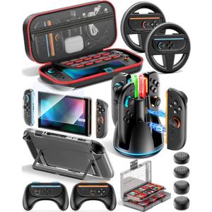 Switch 2 Accessories Bundle for 2025 Nintendo Switch 2 Starter Kit, 16-in-1 Kits-Carrying Case, Joycon Charging Station, Steering Wheels & Grips, Ergonomic Grip, Game Card, Clear Case & Screen Protector