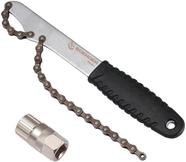 Boenoea Bike Cassette Removal Tool with Chain Whip, Bicycle Sprocket Removal Tools, Cassette Lockring Freewheel Remover (Black)