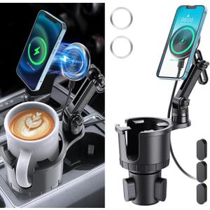 Magnetic Wireless Cup Phone Holder for Magsafe Car Mount Charger 15W Fast Charging Cell Phone Stand with Expandable Base for iPhone 16 15 14 13 12 Series