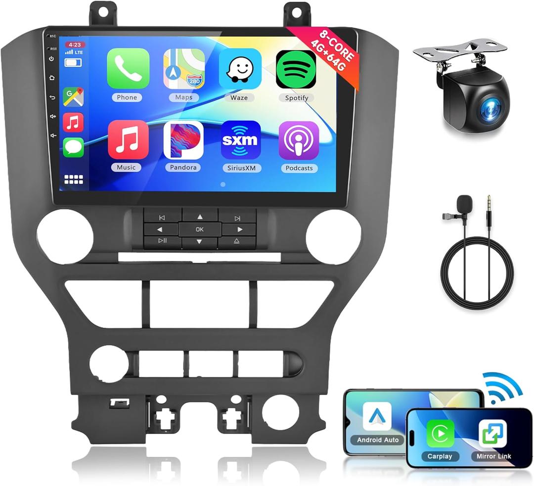 8Core 4+64G Car Stereo for Ford Mustang 2015-2020 Wireless Carplay Android Auto,9" 1280*720P IPS Touch Screen Radio,Android13/GPS/WiFi/32EQ DSP/59UI/Bluetooth5.0/SWC/Backup Camera(Adapts to 3 Buttons)