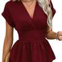 Astylish Women's Elegant Wrap V Neck Peplum Tops Short Sleeve Stretchy Ruched Ruffle Dressy Blouses Shirts (X-Large, Burgundy)
