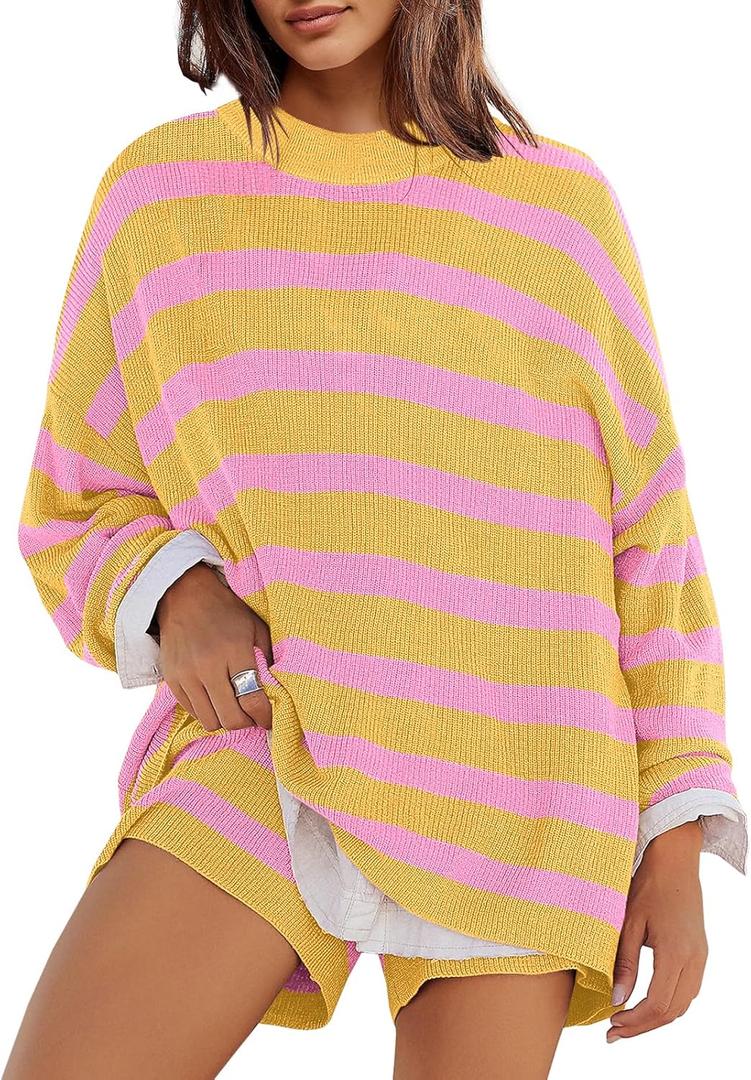 Panadila Womens Striped Sweater Set Oversized Lounge Sets Matching Pajamas Long Sleeve Sweater Top and Shorts (Small, Yellow Pink)