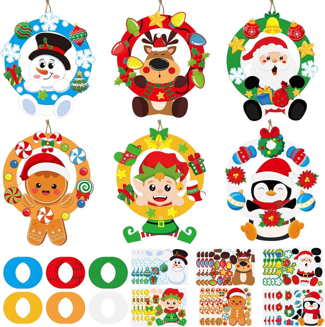 Cinrobiye 24 Set Christmas Wreath Craft Kits DIY Winter Hanging Wreath Ornament Decorations Kit Xmas Snowmen Snowflake Santa Claus Crafts for Holiday Christmas Home Classroom Party Activities Project