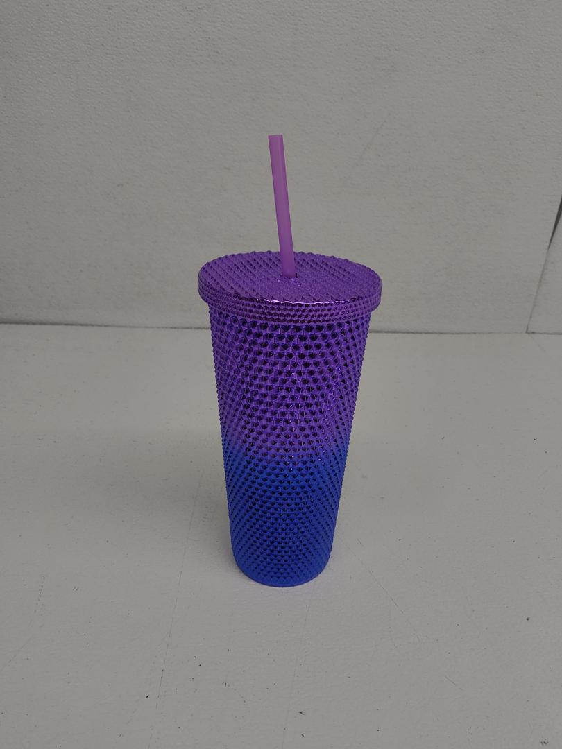 24 oz Double Plastic Straw Cup, Portable Strap with Straw and Lid, Durian Cup, Rivet Glass, Rainbow Cup, Rainbow gradual change cup (Blue gradual change)