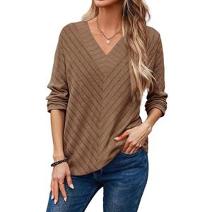 Dokotoo Chocolate Brown Fall Clothes Blouses for Women Dressy Casual V Neck Long Sleeve Knitted Pullover Tshirts Shirt for Women Oversized Henley Shirts Loose Fall Outfits Women's Fashion Clothing XL