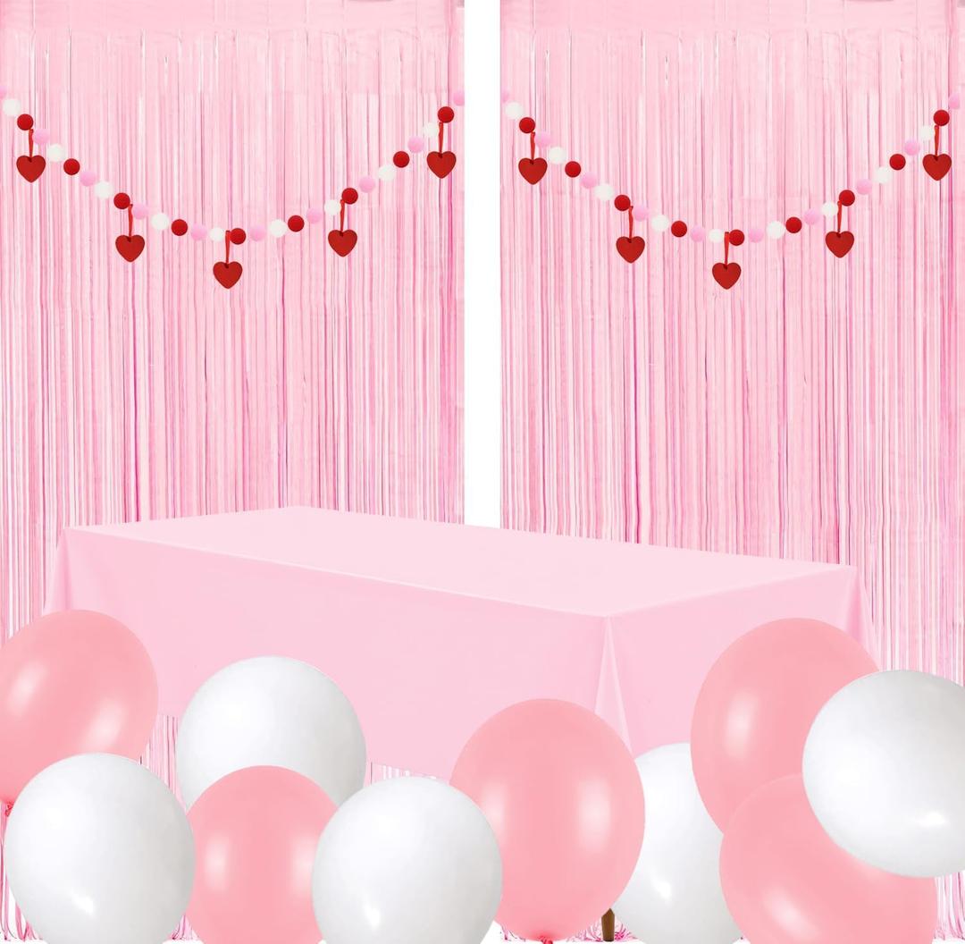 Valentines Day Decorations - 2 Pack Pastel Pink Curtain Party Backdrop, 2pcs Red Pink White Garland with Red Heart Hangings, 10pcs 12inch Ballons and 1pc Tablecloth for Mantle Fireplace Room