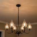 6-Light Farmhouse Black Chandelier 23.6 Inch - Rustic Industrial Iron Candle Hanging with Clear Glass Shades - Dining Room Lighting Fixture for Hallway, Living Room, Foyer, Bedroom, Kitchen Island