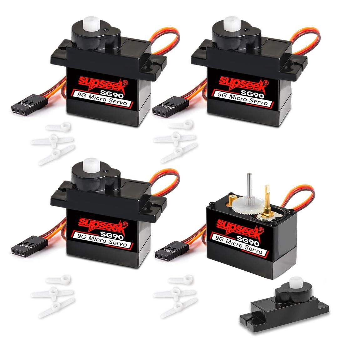 SG90 9g Micro Servo Motor, Metal Motor Gear & Shaft, 1.9kgcm 0.08s/60 Mini Servos for Arduino, RC Airplane, Robot Arm, Car, Boat DIY Projects (4 Pcs)