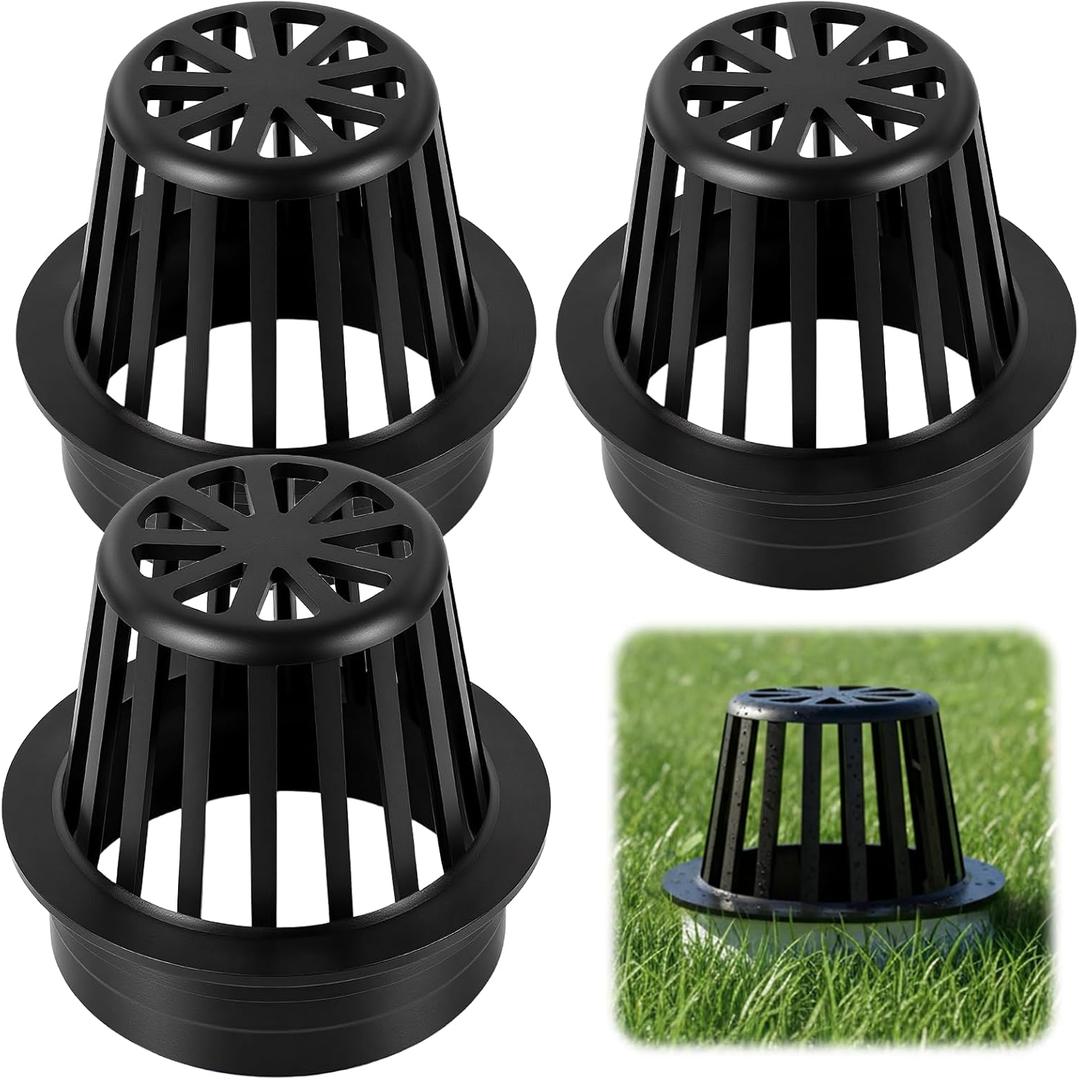 (3-Pack) Calvana 4 Round Atrium Drain Grate Cover, Compatible with NDS 78A, Fits 4 Sewer and Drain Pipe Fittings, Perfect for Small Lawns, Landscaping, Patios, Extra Tough Polyethylene, Black