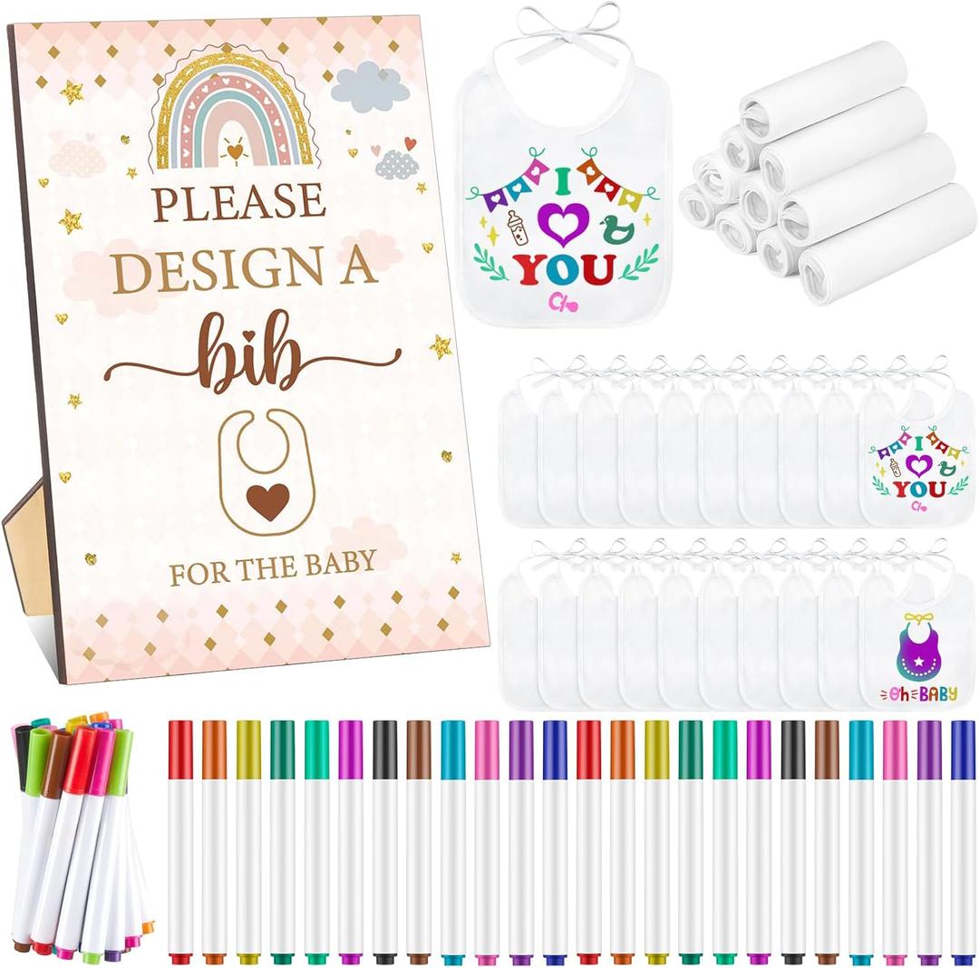 Qeeenar 50 Pcs Baby Shower Game White Bib Kit Include 1 Wooden Baby Shower Game Sign 25 DIY Blank White Bibs 24 Colorful Markers(Boho)