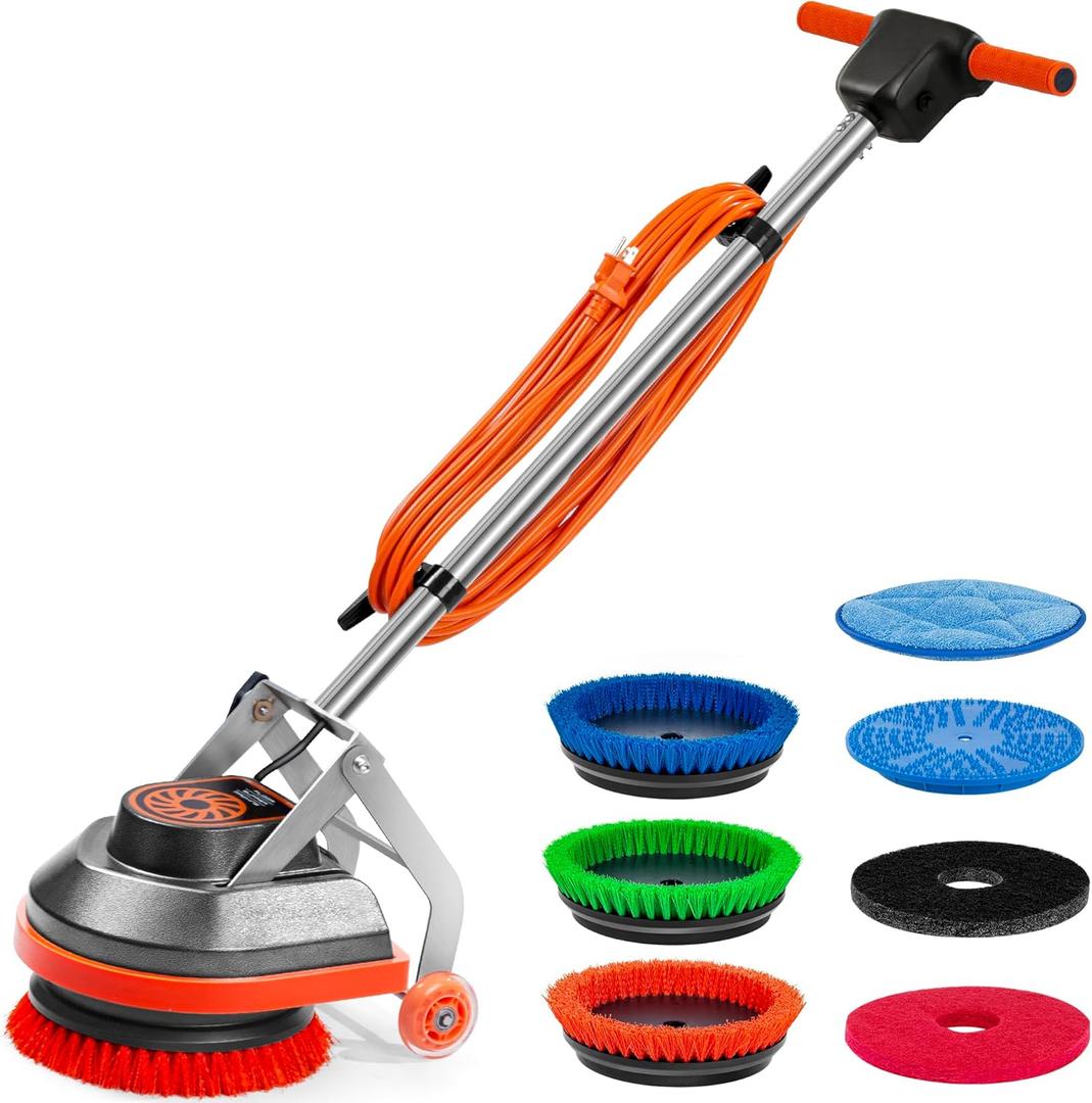 Commercial Floor Scrubber Machine with Brushes and Pads, Heavy Duty Floor Cleaner Buffer and Polisher- Deep Cleaning Tile and Grout, Hardwood Floors and Carpets Without Getting on Hands and Knees