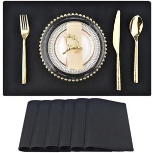 SLKQG Black Cloth Placemats Set of 6 - Double Thickened Easy to Clean Linen Style Fabric Placemats - Machine Washable Placemats- Heat Resistant Non-Slip Table Mats - 18x12 Inch (Black, 6)
