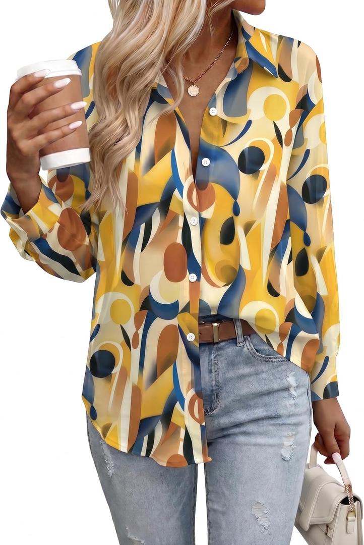 Zeagoo Button Down Shirts for Women Dressy Casual Floral Printed Collared Chiffon Blouse Long Sleeve Business Work Tops (X-Large)