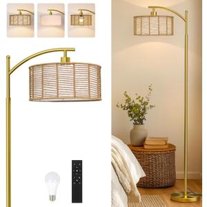 Oneach 62.5'' Gold Arc Floor Lamp for Living Room, Rattan Boho Floor Lamp with Remote and Dimmable Bulb, 3 Color Temperatures, Farmhouse Rustic Modern Standing Lamp for Bedroom Office Corner