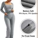 OMKAGI Womens Lounge Set Lace Square Neck Long Sleeve Tops Wide Leg Pants 2 Piece Outfits (Gray)