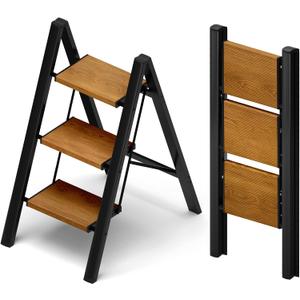 Taranta 3 Step Ladder,Aluminum Lightweight Folding 3 Step Stool with Anti-Slip Wide Pedal, 330lbs Capacity Step Ladder for Household,Kitchen,Office - BlackWoodgrain