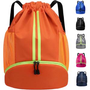 Sports Gym Drawstring Backpack with Shoe Compartment, Waterproof Pocket & Water Bottle Holder for Men and Women (Orange)