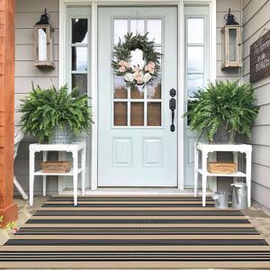 IOHOUZE Black and Tan Striped Rug 4'x6' Front Door Rugs Outdoor, Washable Area Rug for Double Front Porch, Large Patio Rug Outdoor Indoor, Doormat for Entryway Porch Entrance