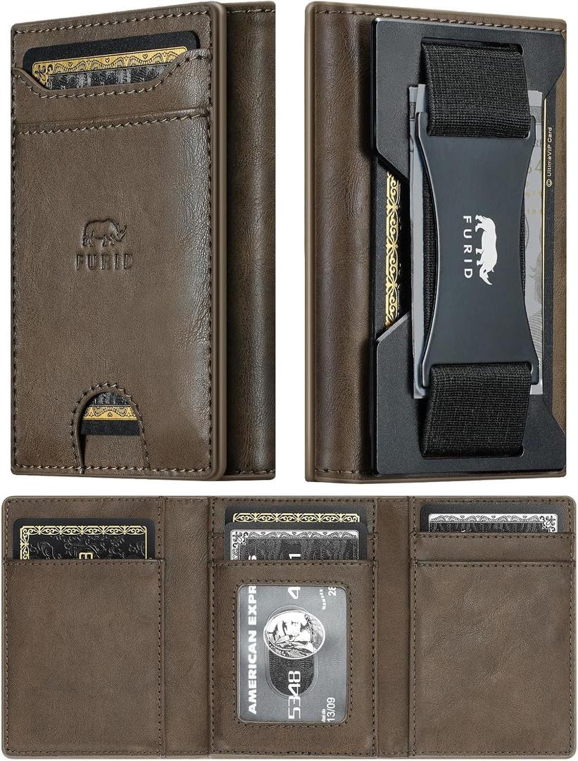furid Leather Trifold Wallet for Men Slim: Rfid Thin Front Pocket Credit Card Holder - Minimalist Wallets with Metal Plates and Cash Band - Gift for Men Husband Father at Anniversay Brithday