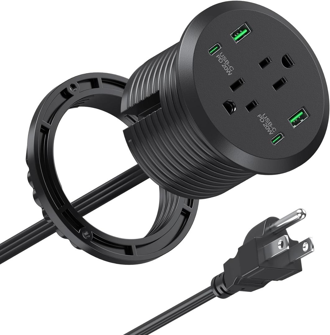 Desktop Power Grommet 3-inch Hole,40W Total Fast Charging Station, 2 PD 20W USB C Port,Flush-Mount Recessed Power Strip, 2 AC Outlets,4 USB Ports,in to The Top of Your Desk,6ft Cord