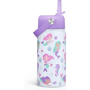Mermaid Kids Water Bottle With Straw Lid 12oz Insulated Stainless Steel, Travel Tumbler, Gifts For Girls, Birthday, Christmas, Back To School