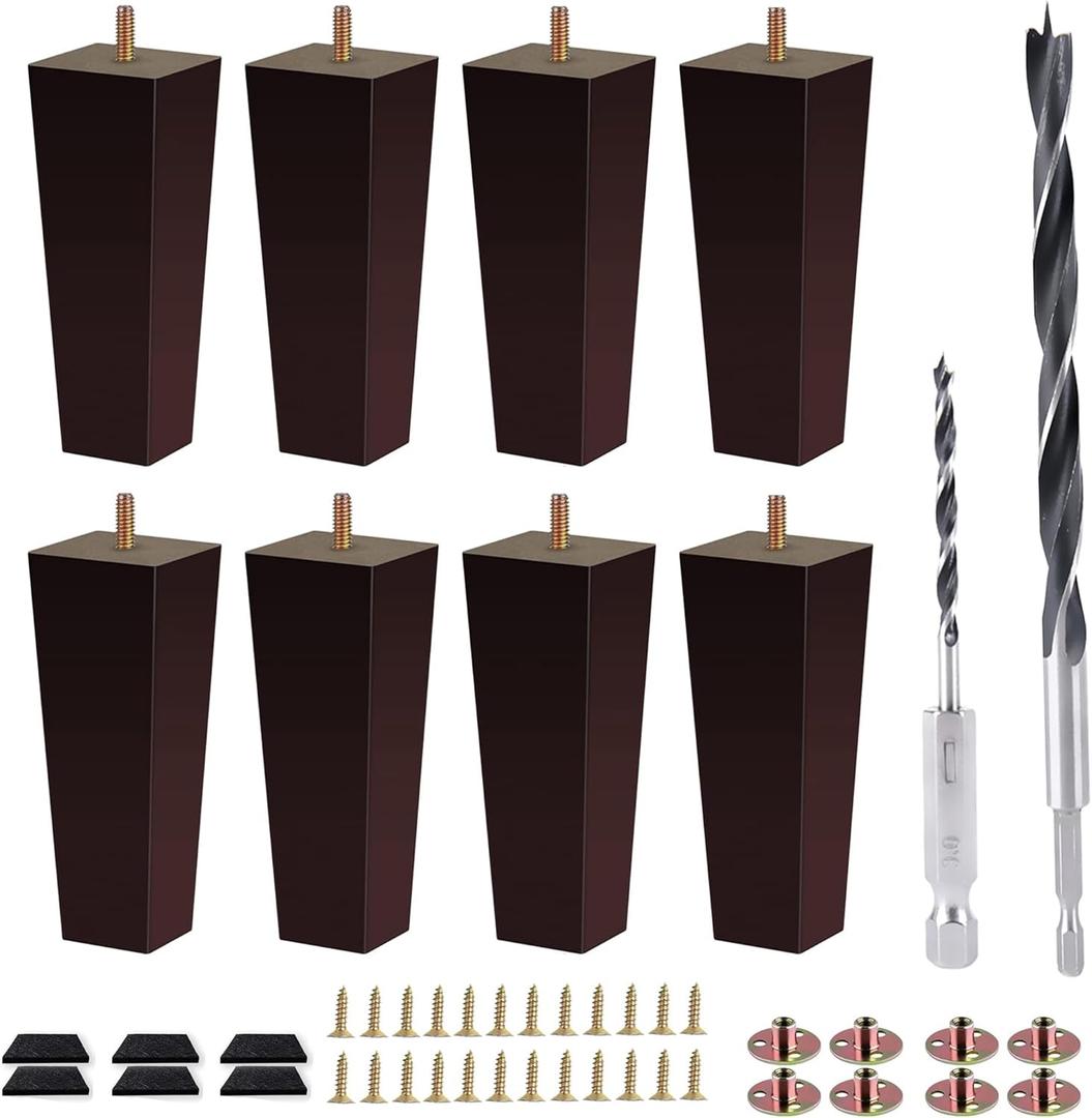 Sofa Legs Square Bed Feet 6 inch Wood Replacement Leg for Furniture Set of 8, Dark Brown
