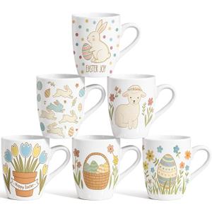 CHENGU 6 Pack Spring Easter Mugs Set 10oz Happy Easter Bunny Eggs Ceramic Coffee Mugs Spring Rabbit Drinking Cups Holiday Gifts for Home Parties Basket Stuffers Party Supplies