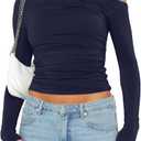 Darong Women's Casual Boat Neck Off Shoulder Long Sleeve Slim Fit Crop Top Going Out Shirts Y2K Tight T Shirts 9026 Dark Blue, Small