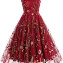 Women Keyhole Floral Embroidery Dress Sheer Mesh Illusion Vintage Cocktail Swing Dress Wedding Party Prom Tulle Evening Dress (X-Large, Red)