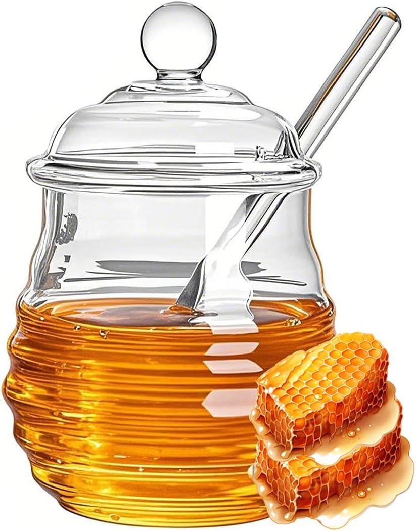 Glass Honey Jar with Dipper and Lid, 10 OZ Heat Resistant HoneyPot, Honey Storage Container for Storing Syrup, Home and Kitchen Organization, Gifts for Her Christmas, Coffee Bar Decor