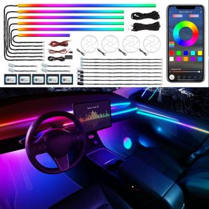 Dreamcolor Acrylic Interior Car LED Strip Light with Wireless APP, RGB 22 in 1 with 175 inches 600 LEDs Fiber Optic Car Ambient Lighting Kits, Dual Zone Sound Active Function LED Strip for Car