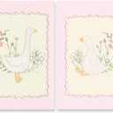 Vintage Pink Silly Goose Wall Art Set of 2 Trendy Sweet Floral Country Animal Poster Pink and White Striped Print Funny Cottagecore Girls Room Bedroom Apartment Decor 8x12inch Unframed