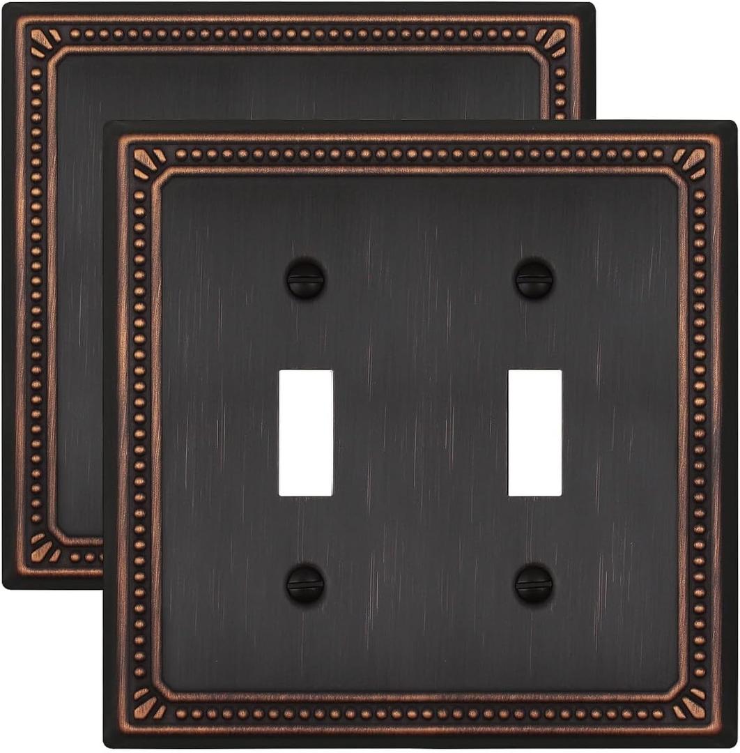 Metal Wall Plates, Switch Plates and Outlet Covers, Decorative Pearl Design (2 Toggle 2PK, Aged Bronze, Midsize)