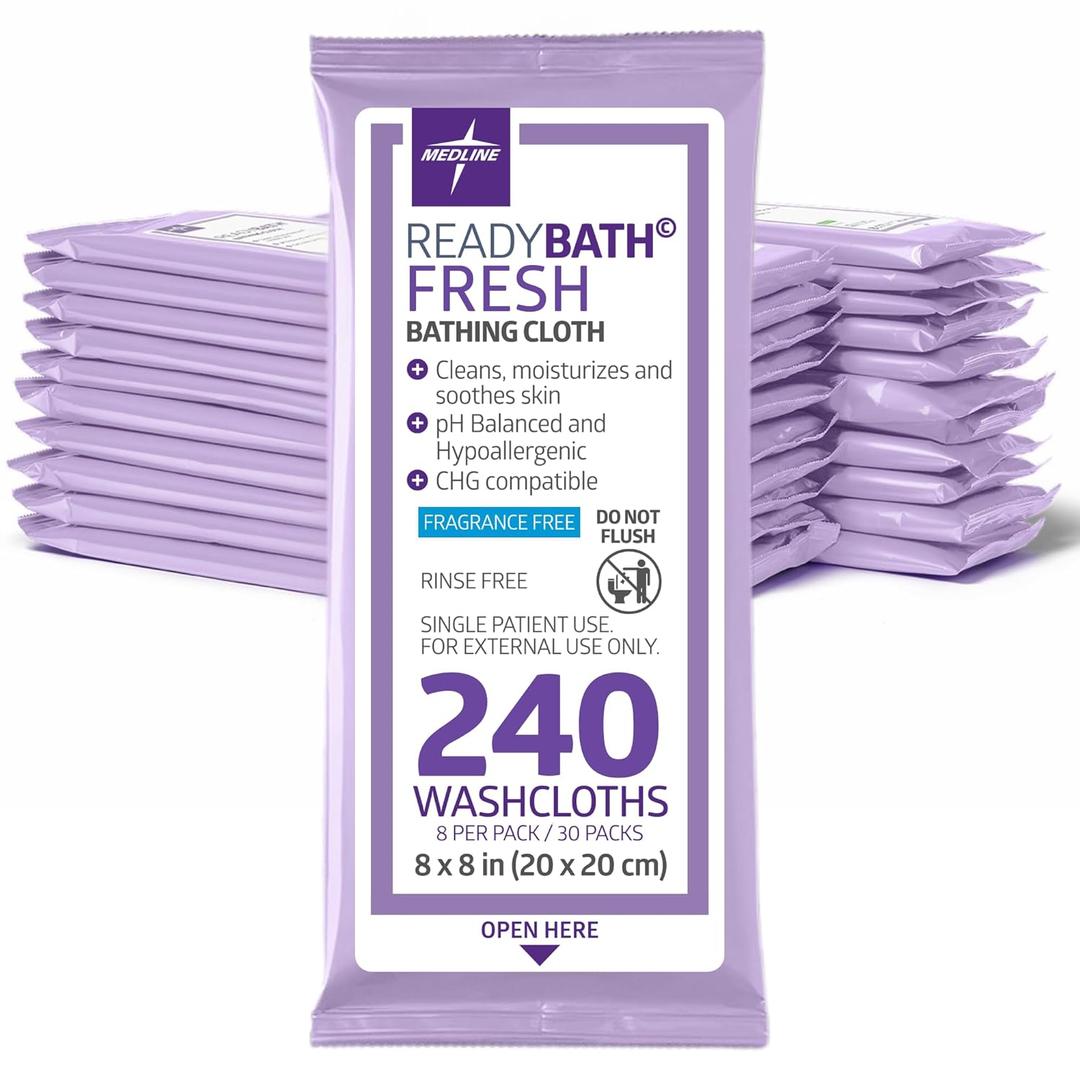 Medline ReadyBath Fresh Unscented Shower Wipes, 240 Count, No-Rinse Bath Wipes, Hypoallergenic, pH-Balanced, Unscented and Alcohol-Free