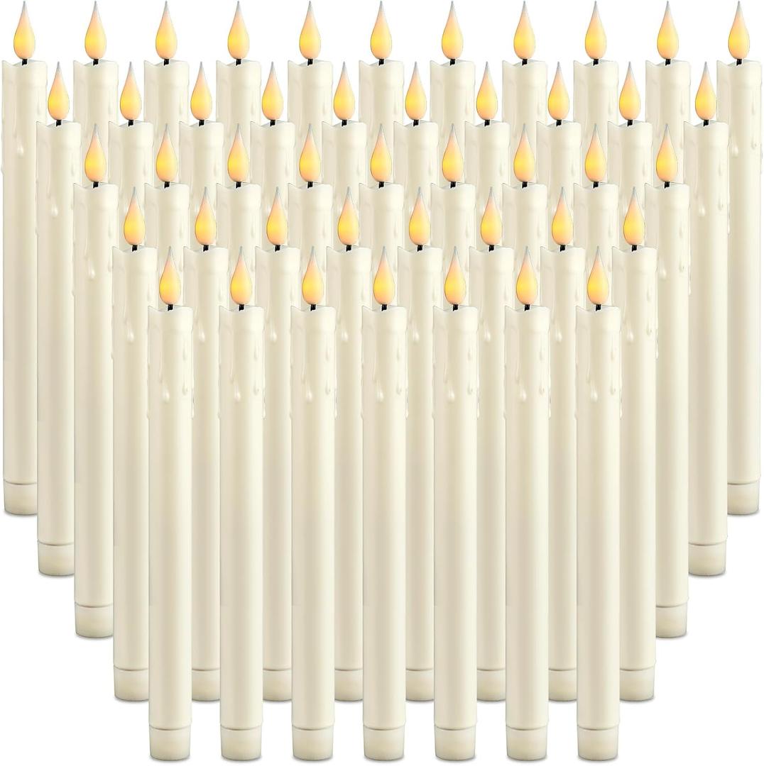 Baquler 48 Pcs 10 Inch Ivory Flameless Taper Candles LED Candle Sticks Battery Operated Flickering LED Candlestick Window Plastic Candle for Wedding Halloween Christmas Decor(No Battery)