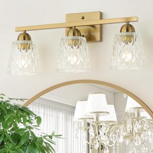 Stainless Steel Bathroom Vanity Light Over Mirror, 3 Light Brushed Gold Bathroom Light Fixtures with Textured Glass Shades, Modern Vanity Lighting Wall Mount