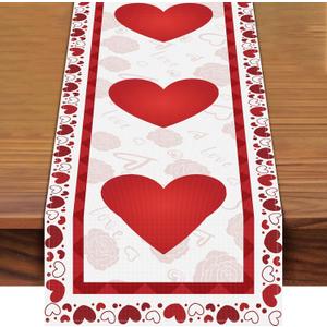 Valentine's Day Heart Table Runner 72 x 13 Inch Decorations, Red Linen Burlap Hearts Pattern Table Cover for Romantic Special Night, Anniversaries, Engagement, Kitchen Dining Fireplace Mantel Decor