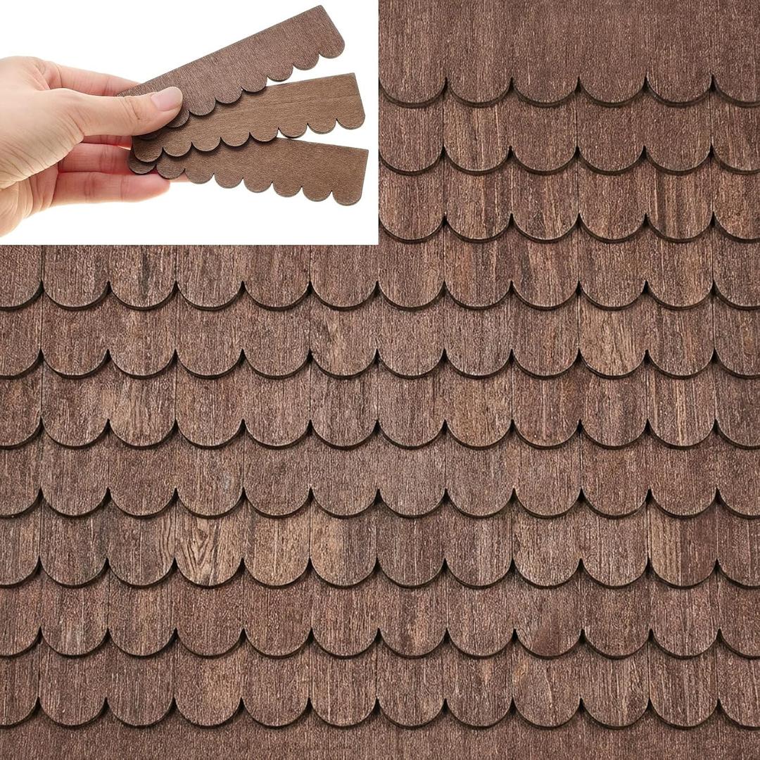 Wenqik 100 Strips Dollhouse Roof Shingles 4.25 x 1.14 Inches Each Mini Fish Scale Wooden Dollhouse Miniature Roofing for 1: 12 Scale Doll House Projects DIY Miniature Landscapes (Brown)