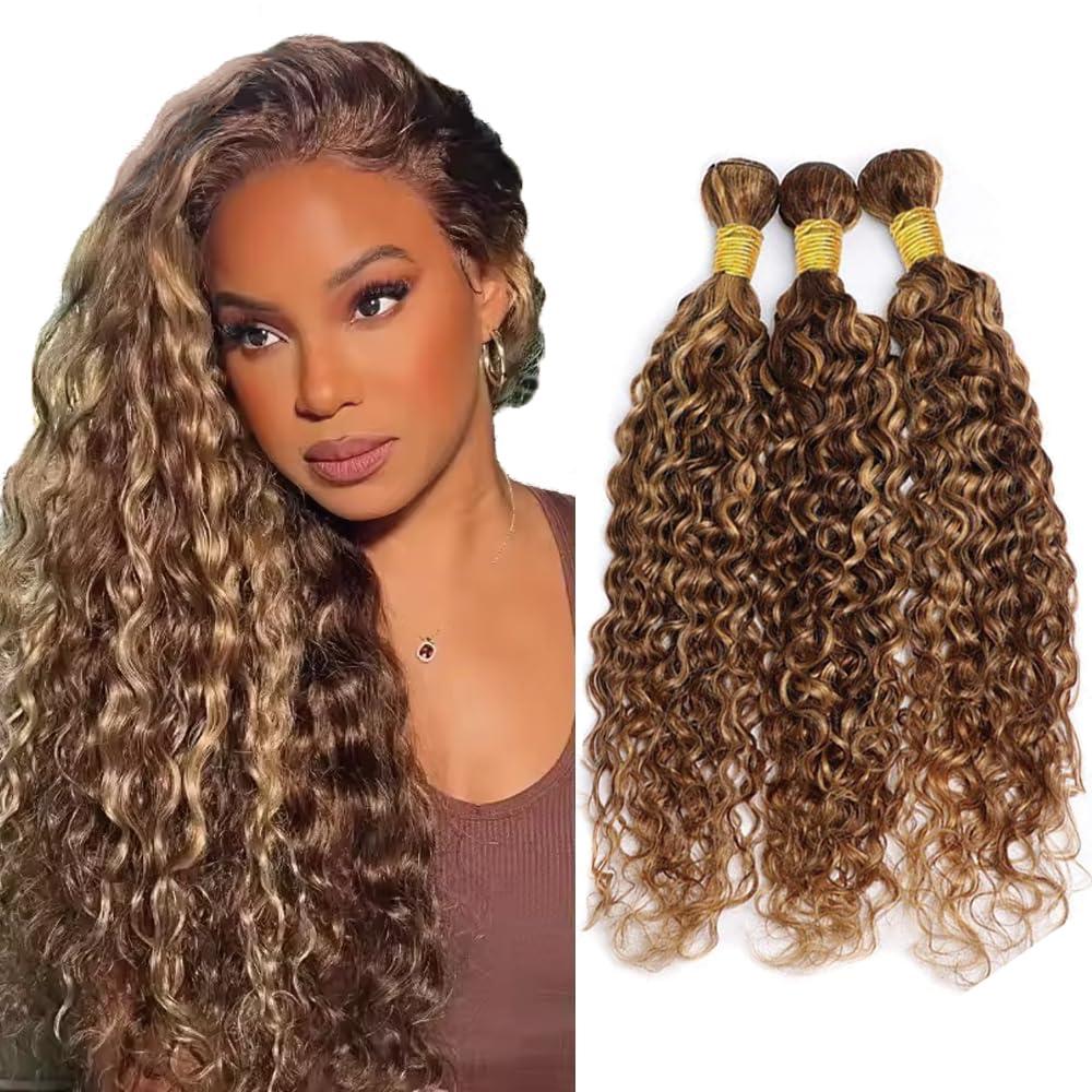 Honey Blonde Water Wave Bundles P4/27 Highlight Bundle Human Hair Brazilian Virgin Hair 3 Bundles 20 22 24 Inch P4/27 Water Wave Bundle