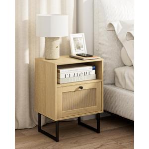 Masupu Rattan Nightstand, Modern Boho Farmhouse Wood Bedside Table with Storage Drawer and Open Shelf, Small Black Frame Side End Table for Bedroom, Living Room, Office (Natural)